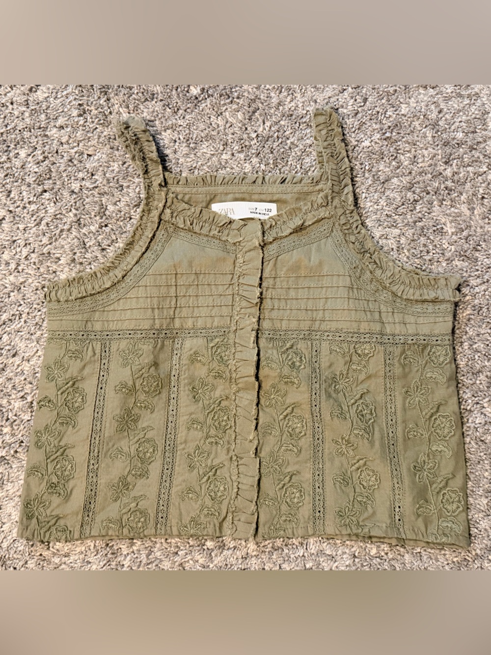 Girl’s Zara Olive Green Embroidered Ruffle Camisole size 7